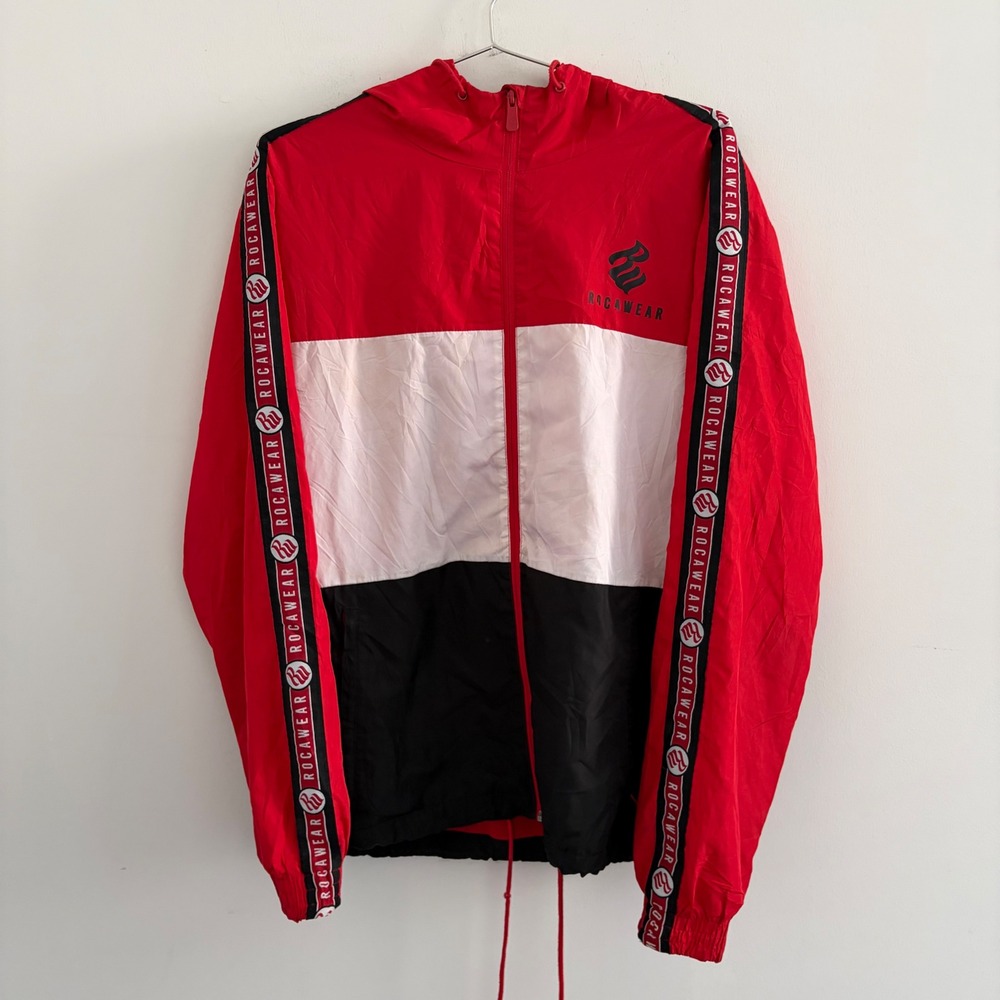 Rocawear Mens Red White Black Colorblock Hooded Windbreaker Jacket Medium